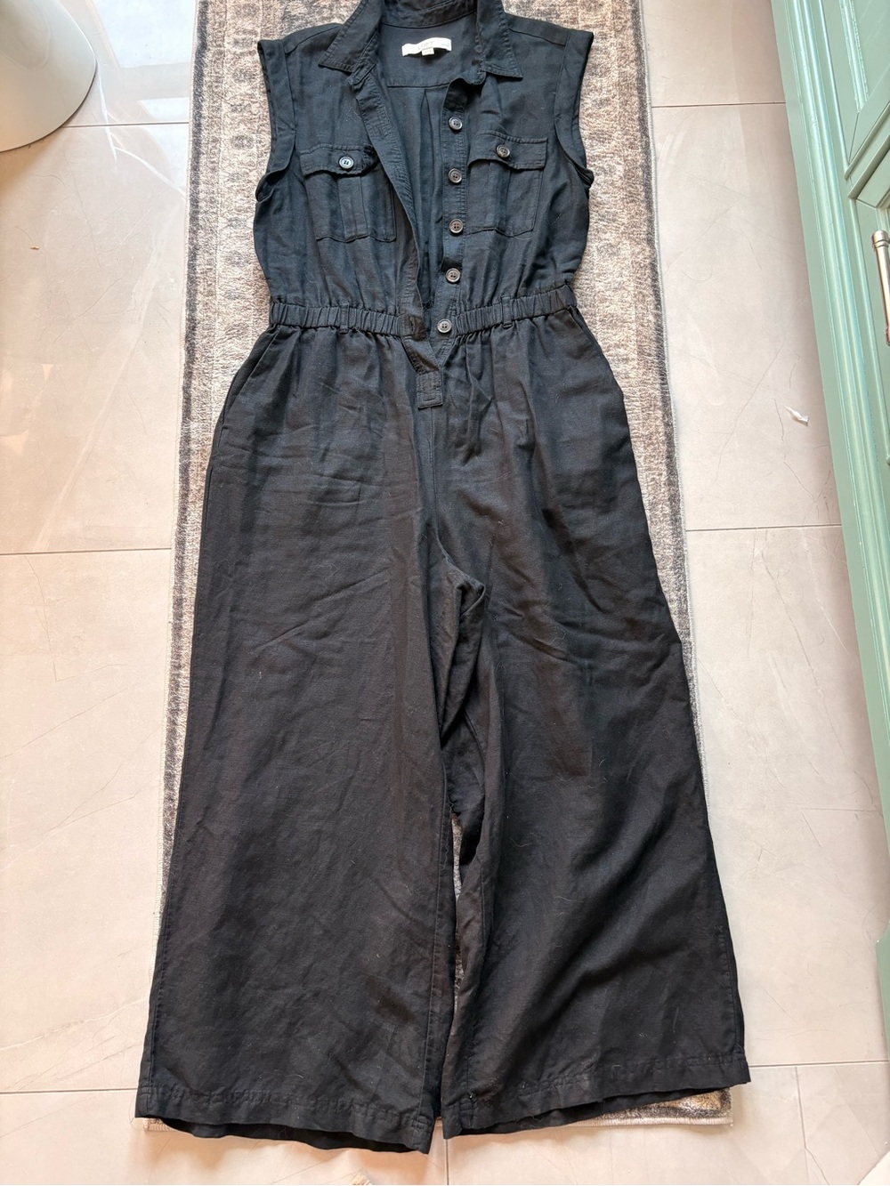 LOFT Black Button-Front Sleeveless Wide-Leg Jumpsuit linen